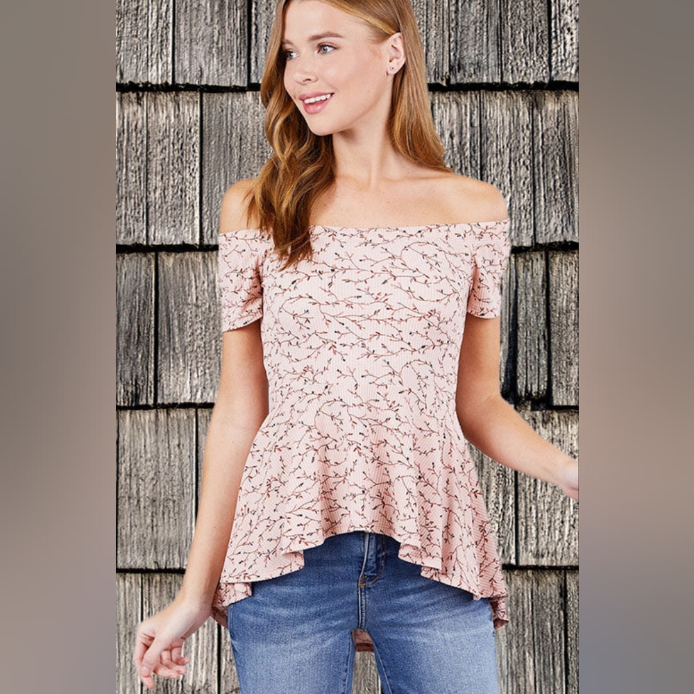 Active USA Juniors Off-The-Shoulder Pink Ditsy Floral Peplum Top Size Large 🐈